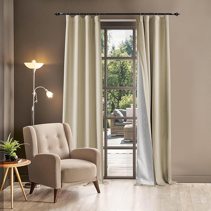 3-in-1 100% Blackout Curtains 90 Inches Long, Thermal Insulation, Soundproof Back Tab Drapes for Bedroom Living Room Sliding Glass Door, with Pin Hooks, Beige 50x90Inch 1 Panel