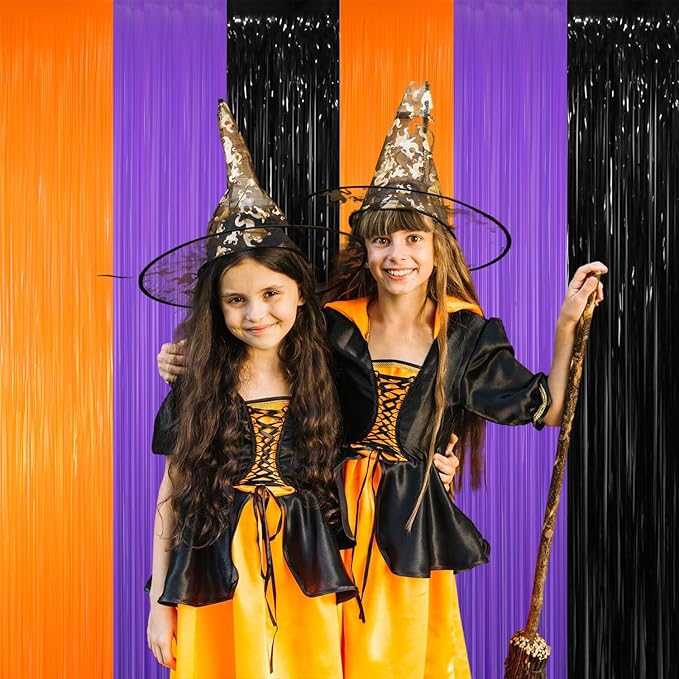 GOER 3.2 ft x 8.2 ft Metallic Tinsel Foil Fringe Party Backdrop for Halloween Birthday Graduation New Year's Party Decorations(4 Packs,Black&Orange&Purple)