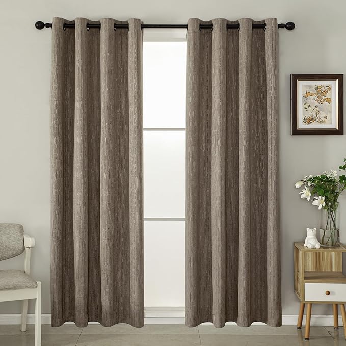 Jacquard Linen Curtains 72 inch Length 2 Panels Thick Faux Linen Blended Window Drapes Burlap Textured Curtains with Grommet for Living Room Bedroom Farmhouse (52x72 Dark Coffee) Natural