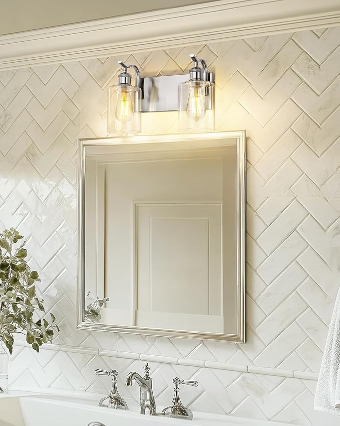 2-Light Bathroom Vanity Light, Brushed Nickel Wall Sconce, Modern Bathroom Light with Clear Glass, VL01BN-2
