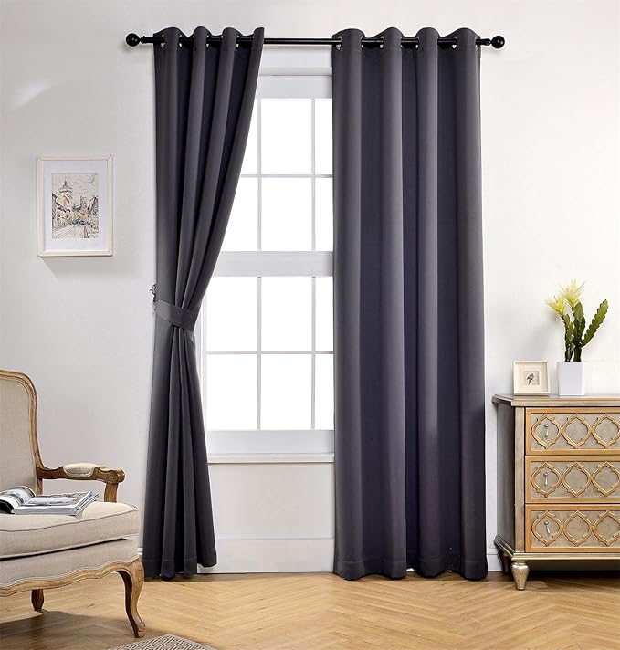 MIUCO 1 Pair Thermal Insulated Grommet 52-Inch-by-84-Inch Blackout Window Curtain Panels with 2 Tie Backs, Dark Grey