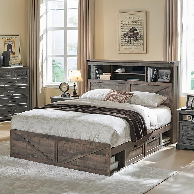 ACCOHOHO Queen Bed Frame Farmhouse with 52" Storage Bookcase Headboard, 4 Drawers Wooden Bed Frame, LED Light, Charging Station - Light Brown