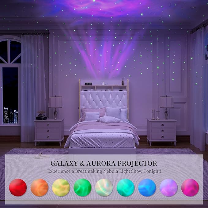 Twin LED Bed Frame with Storage Drawer, PU Upholstered Platform Beds with Galaxy Star Projector and Speaker, Aurora Bedframe with 2-Tier Storage Headboard for Small Bedroom Apartment, White