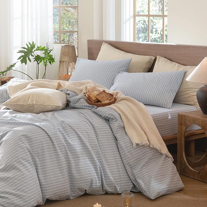 MooMee Striped Duvet Cover Set 100% Washed Cotton Linen Like Textured Breathable Durable Soft Comfy (Cornflower Blue White Wide Stripes, Super King 108"x98")