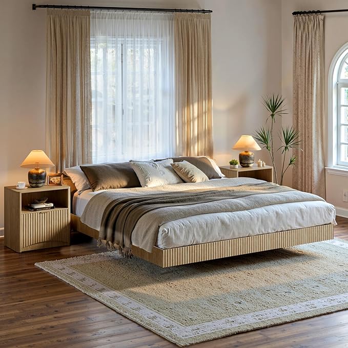 Evermagin Fluted Nightstand Set of 2, Natural Oak Bedside Table with Drawer and Storage, Wood End Table Mid Century Modern, Large Night Stand for Bedroom