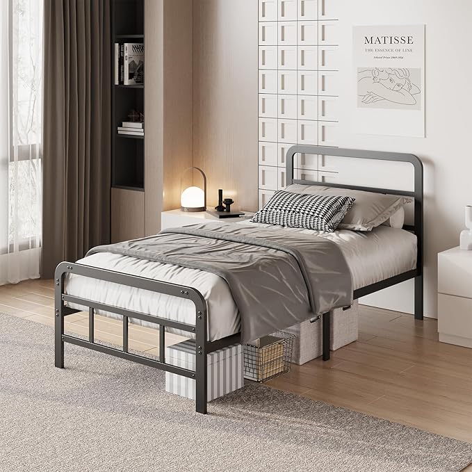 12 Inch Twin Bed Frames with Headboard and Footboard, No Box Spring Needed, Heavy Duty Metal Mattress Foundation, Noise Free, Easy Assembly, Black