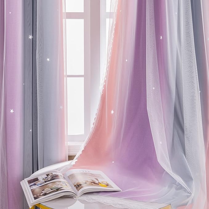 XiDi Curtains for Bedroom Decor, Rainbow GreyPinkPu-34-45