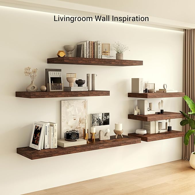 Heimlove 12 Inch Deep Floating Shelves, 72 x 12 inches Long Wall Shelf, Large Extra Display Shelf & Storage Shelf, Rustic Wood Wall Shelves for Fireplace Mantel, Rustic Brown - 1Pack