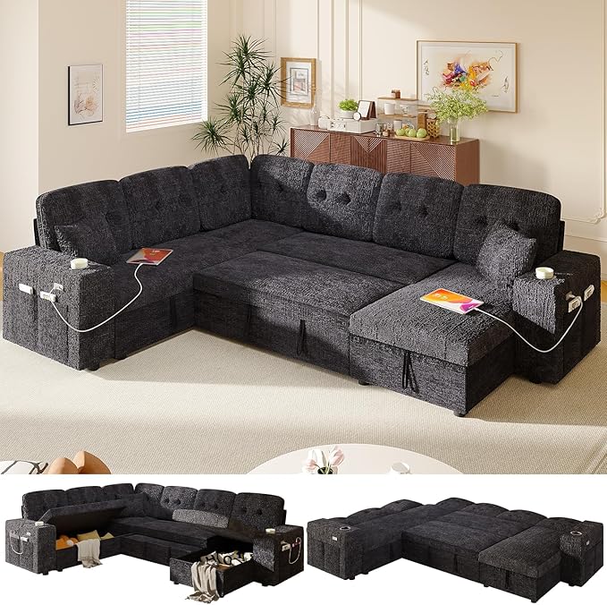 Modular Sectional Sleeper Sofa with Pull Out Bed, U Shaped 7 Seat Sectional Couches for Living Room, 108 Inch Sofa Bed with Adjustable Backrest | Hidden Storage | Wide Armrest | Navy Blue