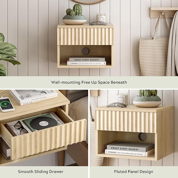 Small Floating Nightstand with Drawer, Modern Night Stand with Fluted Door and Open Storage Shelf Wall Mounted Bedside Table for Bedroom, Entryway Light Oak