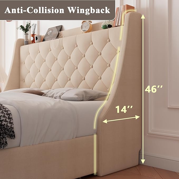 Feonase Upholstered Full Size Bed Frame with 4 Storage Drawers, Charging Station and Tufted Wingback Storage Headboard, No Box Spring Needed, Easy Assembly, Beige