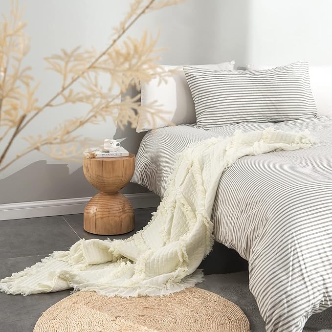Ultra Soft Pre-Washed Quilted Boho Cream Twin Size Blankets for Bed, Ruffle Fringed Decorative Throw, Stone Washed Chic Rustic Blanket for Sofa Couch Bed, 60"*80"