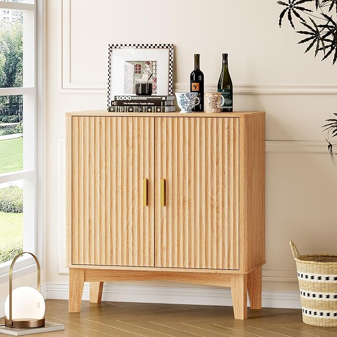 Storage Cabinet with Doors and Adjustable Shelf, Modern Fluted Sideboard Buffet Cabinet, Freestanding Coffee Bar for Kitchen, Pantry, Entryway, Living Room (Natural Oak)