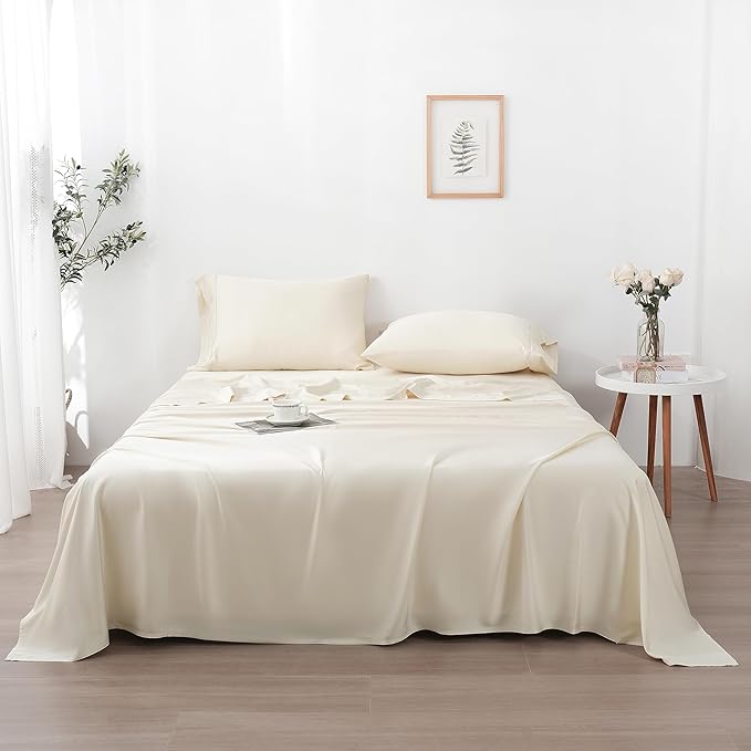 Linen World King Size 400TC Cooling Bed Sheet Set - 100% Organically Grown Viscose Sheets, Silky Soft & Breathable, Deep Pocket Fits Up to 16", 4-Piece Sheets with Pillowcases,Creamy