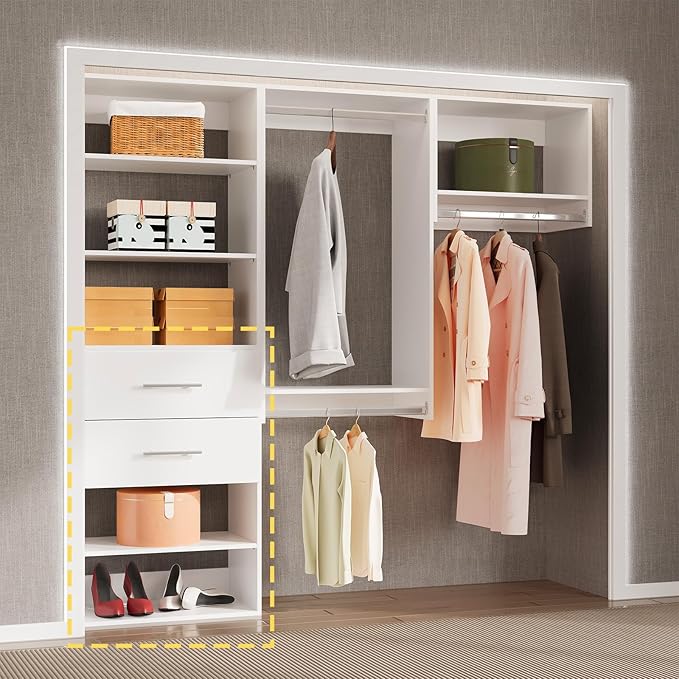 2 Drawer Short Tower Closet Unit, Modular Closet System, Wood Closet System Organizer with Storage for Walk In Closets, Clothing Rack Closet for Hanging Clothes, Bedroom, White, 31.5"W