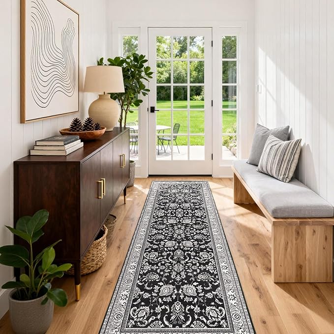 2x6 Runner Rugs for Hallways: Washable Kitchen Rugs Ultra Soft Vintage Carpet Low Pile Floral Runner with Rubber Backing Non Slip for Bedroom Bathroom Laundry Living Room Dining Black White