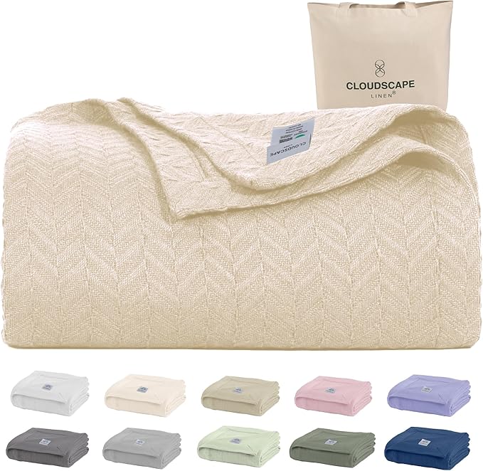 Cloud Scape Linen 100% Cotton Blanket King 92x108 Ivory - Cozy Herringbone Weave, Fits Up to Cal King Beds, Breathable Softness, All-Season Warmth, Heavy Layering Winter Blanket