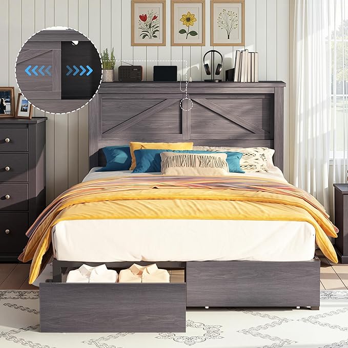 AMERLIFE 47.2" H Full Bed Frame with Hidden Space Bookcase Headboard and Charging Station, Beds with 2 Storage Drawers and Wood Slats, No Box Spring Needed, Grey