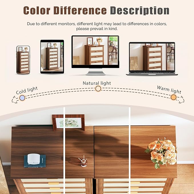 6 Drawer Dresser for Bedroom, 50 Inch Tall Dressers & Rattan Chest of Drawers, Mid Century Style, Wood Modern Dressers Organizer for Bedroom, Living Room, Hallway, Entryway, Walnut