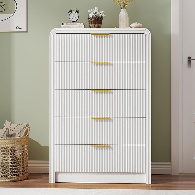 Fluted 5 Drawers Dresser, 48" Tall Modern Chest of Drawers with Round Edge & Metal Handle, Wood Drawer Organizer for Living Room, Bedroom, Entryway, Hallway (White)
