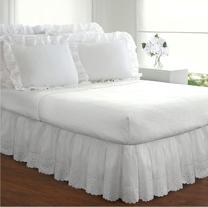 Fresh Ideas Eyelet Bed Skirt, Ruffled Design, 18 Inch Drop, Embroidered Scalloped Edge, Queen, White