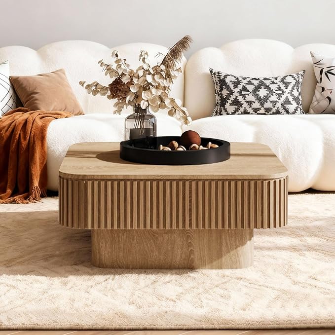 LKTART Coffee Table for Living Room, Accent Fluted Square Coffee Table with Hidden Storage, Modern Solid Wood Veneered Circle Center Tea Table for Small Space Apartment (31.5''D×14''H-Natural)