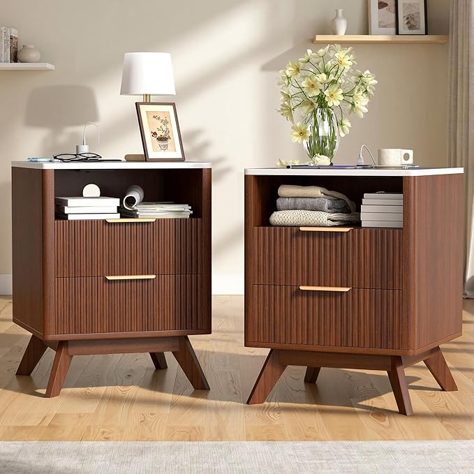 Modern Nightstand Set of 2, Side Table with Charging Station,Bedside Tables with Drawer, Mid-Century End Tables for Bedroom, Sturdy Storage Side Tables,Walnut