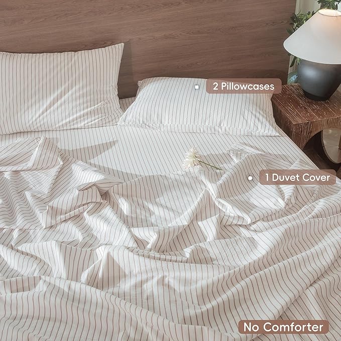 MooMee Striped Duvet Cover Set 100% Washed Cotton Linen Like Textured Breathable Durable Soft Comfy (White Orange Wide Stripes, Full 80"x90")