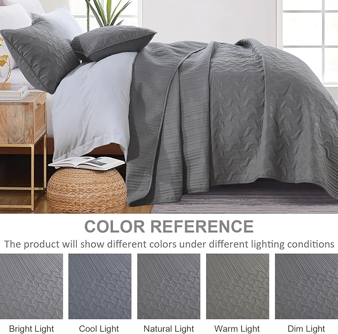 Yiran Grey Quilt Set Queen Size Lightweight Bedspread Ultrasonic Wave Pattern Soft Microfiber Coverlet for All Season Modern Style 3 Piece Bed Cover Sets with 2 Pillow Shams (96"x90")