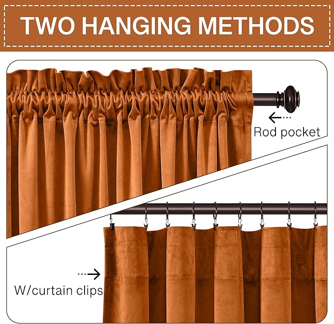 StangH Pumpkin Orange Curtains Velvet 96 inches for Living Room, Elegant Retro Home Decoration Thermal Insulated Light Blocking Sliding Door Curtains for Dining Room, W52 x L96, 2 Panels