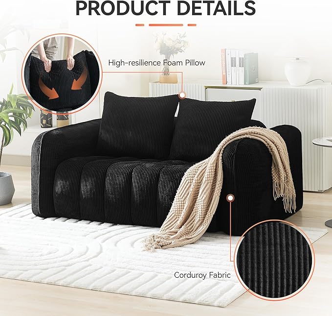 66'' Boneless Loveseat Sofa, 2 Seater Tufted Deep Seat Couch with Rounded Armrest, Upholstered Corduroy Cloud Couch for Living Room, Bedroom, No Assembly, Black