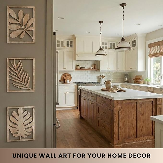 qmmp Modern Wooden Wall Sculptures - Set of 3 - Home Decor Accent - Large Wall Art for Living Room, Bedroom, Office - Easy Installation (Oak, Medium - Tree Leaves)