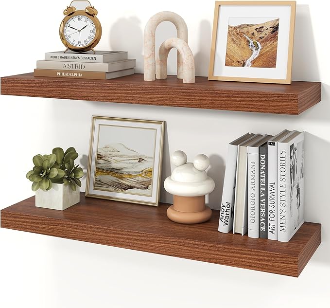Floating Shelves for Wall, 9.3" Deep Wall Mounted Wood Shelves for Bathroom, Bedroom, Living Room, Kitchen, Hanging Shelf for Books/Storage/Room Decor (Walnut, 30")