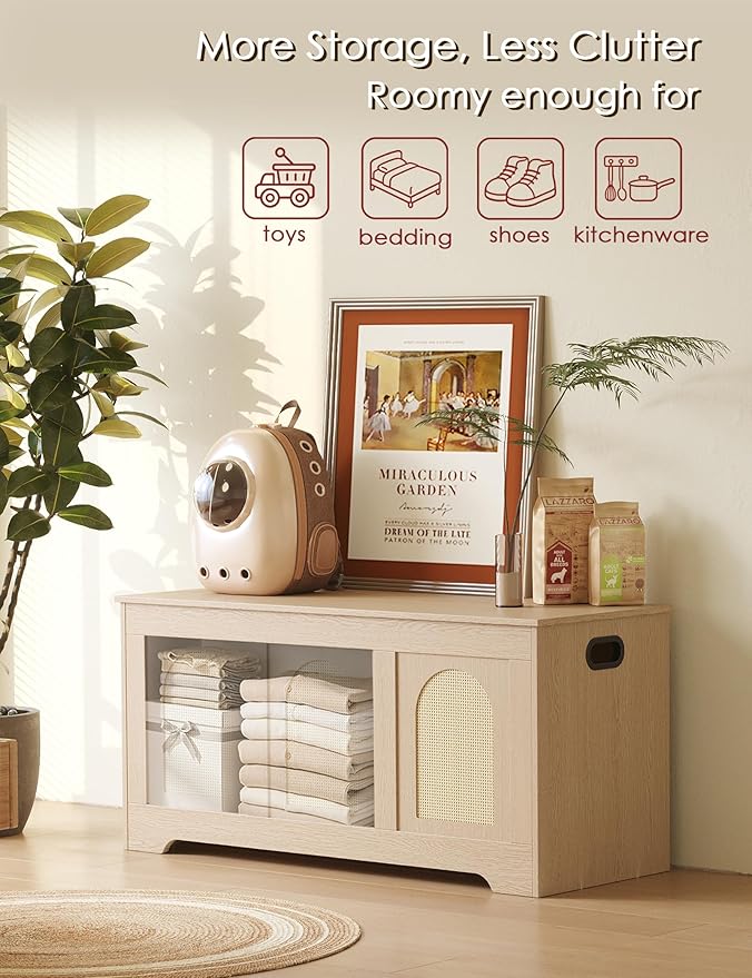 DINZI LVJ Storage Chest, 39.4" Rattan-Like Box with 2 Safety Hinges, Wooden Entryway Shoe Bench with Flip-Top, Storage Trunk for Living Room, Bedroom, Easy Assembly, Natural