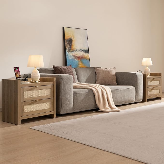 SICOTAS Night Stand Set of 2 - Rattan Nightstands with Type-C Charging Station, 2 Rattan Drawers - Boho Bed Side Tables End Table for Small Space - Natural Oak