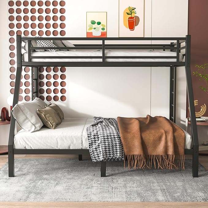 Twin XL Over Queen Bunk Bed Frame, Heavy Duty Metal Loft Bed for Adults/Teens, 350/600LB Capacity w/Ladder & Guardrail, Noise-Free Steel Slats, No Box Spring Required, Black