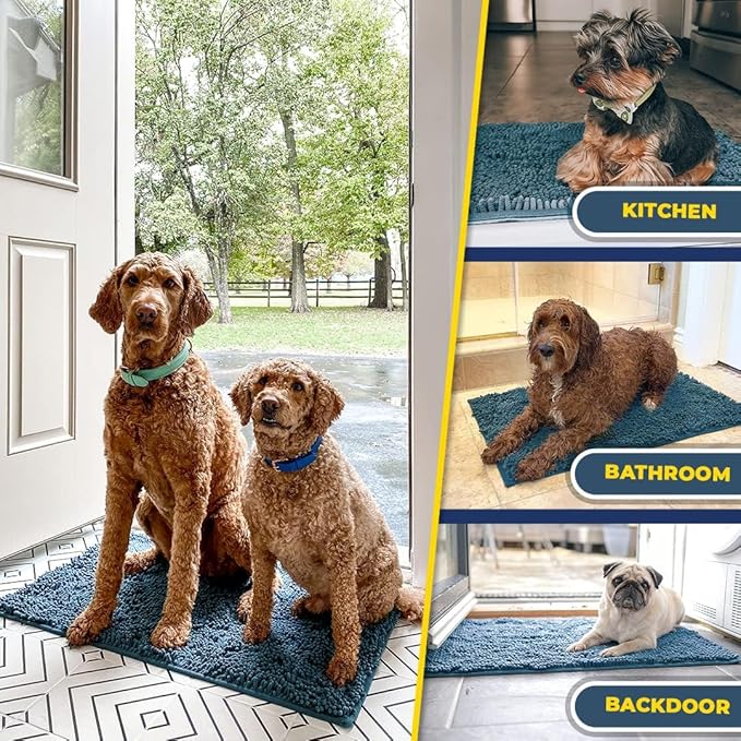 Muddy Mat® Shown on TV–Super Absorbent Microfiber Dog Door Mat for Muddy Paws, Non-Slip Washable Pet Rug, Quick Dry Chenille Entryway Carpet, Machine Washable Indoor Outdoor mat–Atlantic Blue 59"x35"