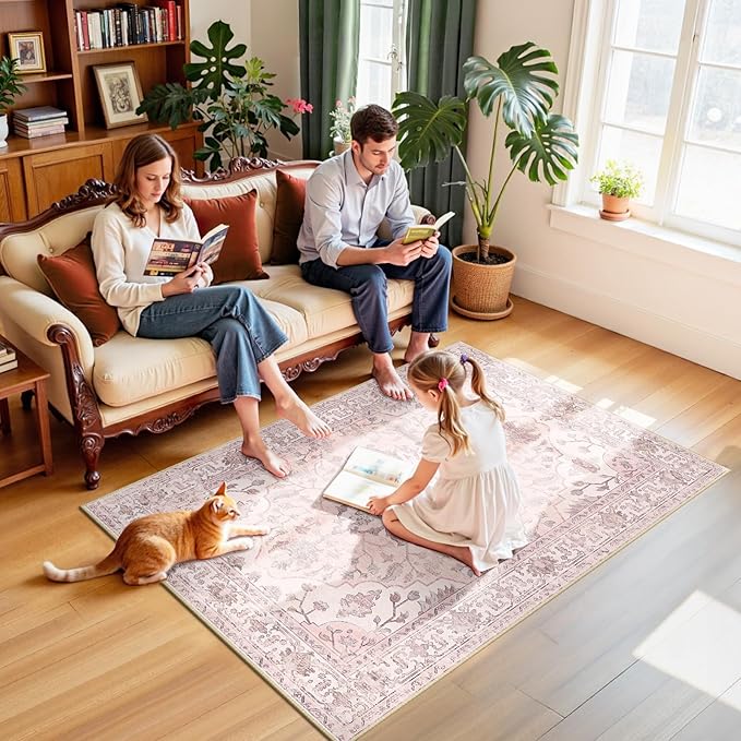 Area Rugs 4'x6' Washable Non-Slip, Floral Vintage Distress Print Pattern Medallion Carpet for Living Room Bedroom Dining Room, Pink Greypink Cute