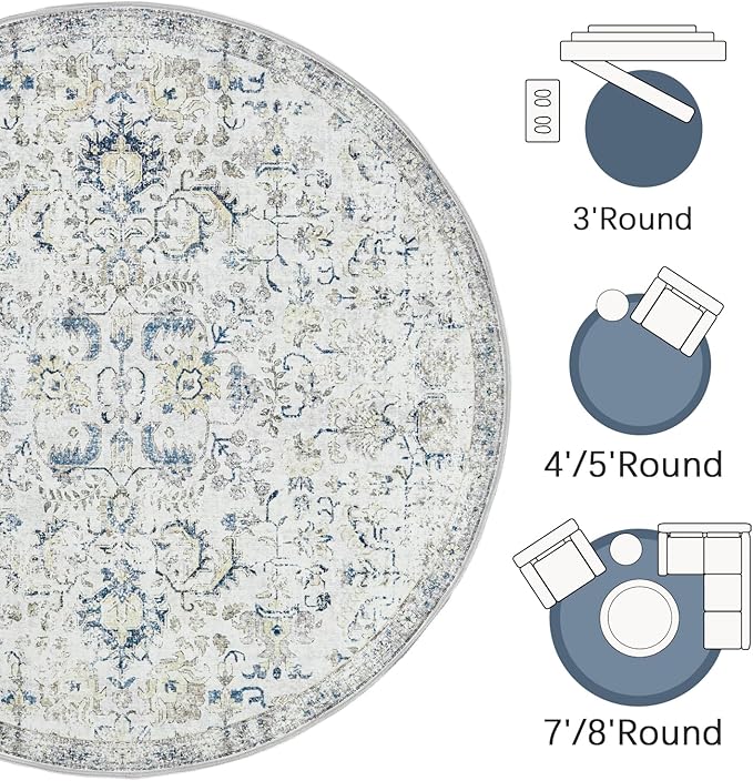 jinchan Kalen Round Rug 6ft Area Rug Washable Vintage Indoor Retro Accent Floor Cover Distressed Floral 6' Round Circle Boho Non Slip Thin Carpet for Living Room Dining Room Bedroom Kitchen Blue
