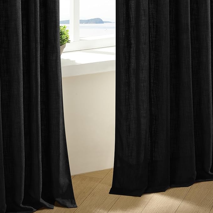 Black Linen Curtains 102 Inches Long 2 Panels for Living Room Modern Thick Linen Flax Pinch Pleated Memory Trained Light Filtering Ceiling Semi Sheer 102 Inch Curtain with Hook Rings Back Tab