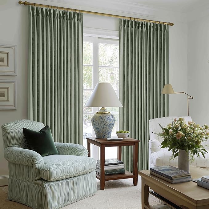 Green Linen Semi Sheer Curtains 90 Inches Long for Living Room Bedroom Light Filtering Sage Green Textured Burlap Pinch Pleated Curtains 90 Length Hooks Rings Back Tab for Sliding Door 2 Panels