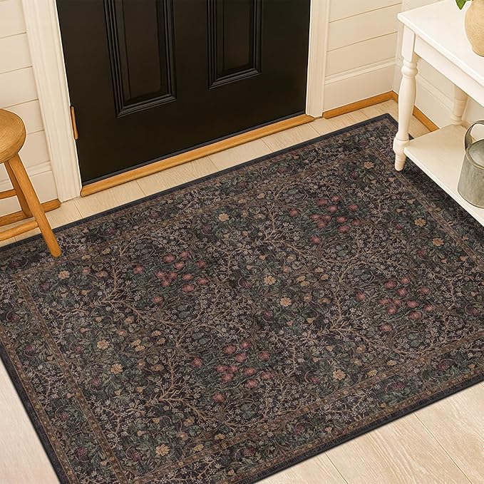 Vintage Dark Brown 3x4 Entryway Rug, Washable Small Area Rugs for Entryway,Kitchen,Bathroom,Door Mat,Indoor Entrance, Oriental flolal Low Pile Stain Resistant Non-Slip Large Rug