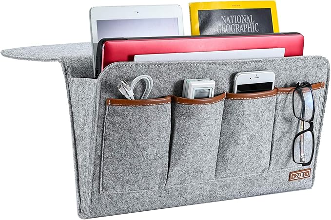 Bedside Caddy, Large Size Storage Organizer with 7 Pockets for Magazine, Remotes, Phone (17.3'' x 18.1'', Light Grey)