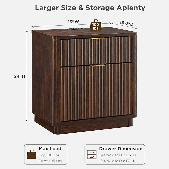 T4TREAM 23'' Fluted Nightstand Set of 2 with Charging Station, Large 2 Drawer Bedside Table, Modern End Table with Storage, Mid Century Night Stand for Bedroom Living Room, Curved Profile, Dark Walnut