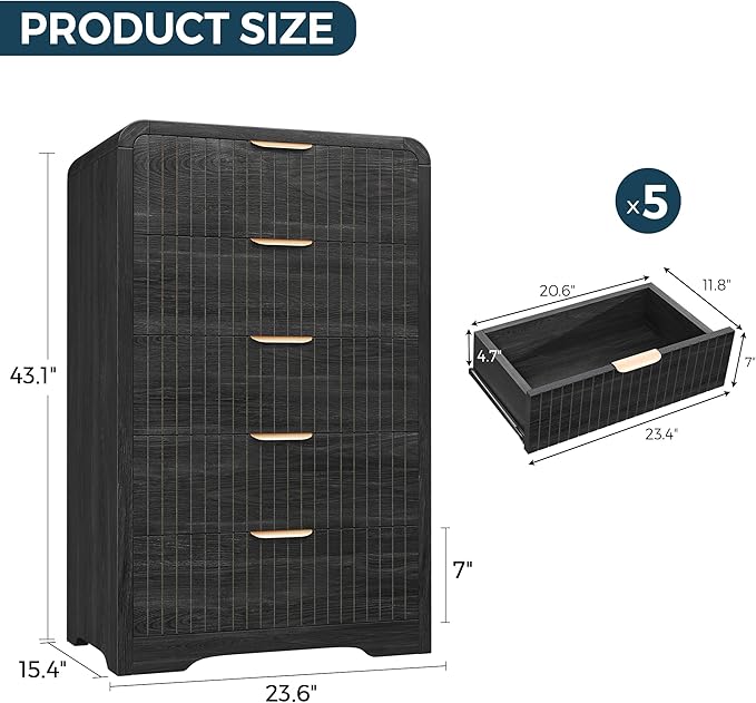 Fluted 5 Drawer Dresser for Bedroom, 43" Tall Dressers & Chests of Drawers Curved Profile Design, Wood Mid Century Vertical Dresser Natural Texture for Bedroom, Black Dresser