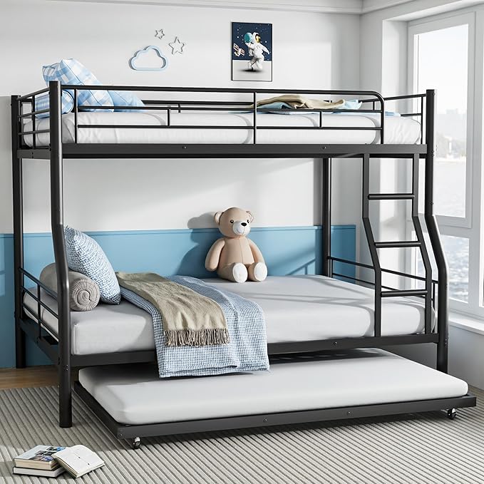 Full XL Over Queen Bunk Bed with Trundle, Heavy-Duty Metal Bunk Bed w/Full-Length Guardrail & EVA Padded Ladder, Convertible to 3 Separate Beds for Adults, Teens, Noise-Free, Black