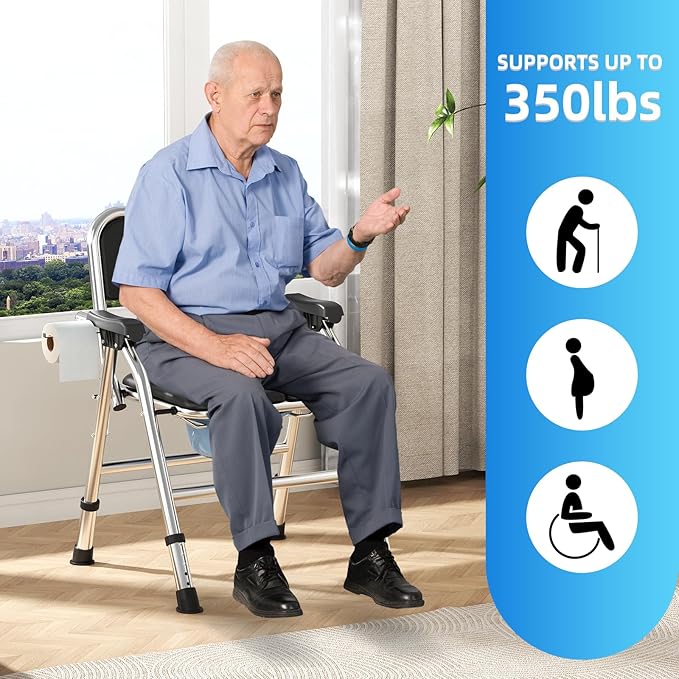 4 in 1 Folding Bedside Commode Chair for Elderly with Arms and Back,Adjustable Height Raised Toilet Seat with Handles,Adults Potty Chair for Seniors,Disabled and Pregnant (with Paper Roll Holder)