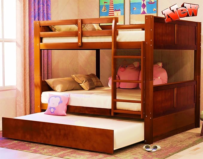TSAMPA Latest Upgraded & Stronger Heavy Duty Solid Wood Full Over Full Bunk Bed with Trundle, Thickened Safer Convertible Bunkbed Frame (Easier to Assemble) (Walnut)