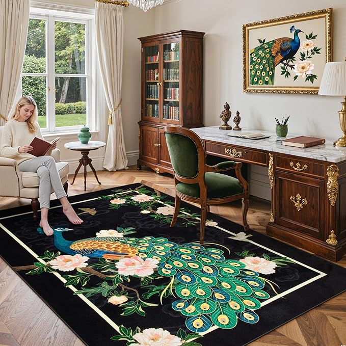 Lahome Peacock Washable Rugs 5x7, Soft Black Rug for Living Room Bedroom, Floral Vintage Non-Slip Low Pile Stain Resistance Carpet for Farmhouse Dining Room Office, Black