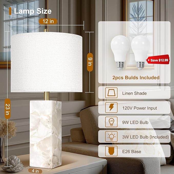 Scenekoy Natural Alabaster Table Lamp Set of 2 with Night Light for Bedroom Living Room, 23" Rotary Switch Bedside Lamp with Linen Shade, Modern Nightstand Lamps for Room Office Dorm (Bulb Included)